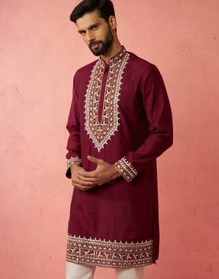 wine modal chanderi kurta - wedding embroidered ethnic wear 4