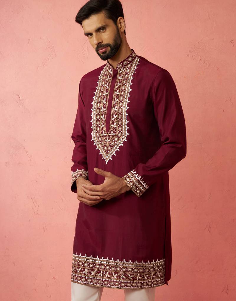 wine modal chanderi kurta - wedding embroidered ethnic wear