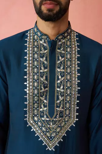 Turquoise Green Modal Chanderi Kurta - Wedding Embroidered Ethnic Wear