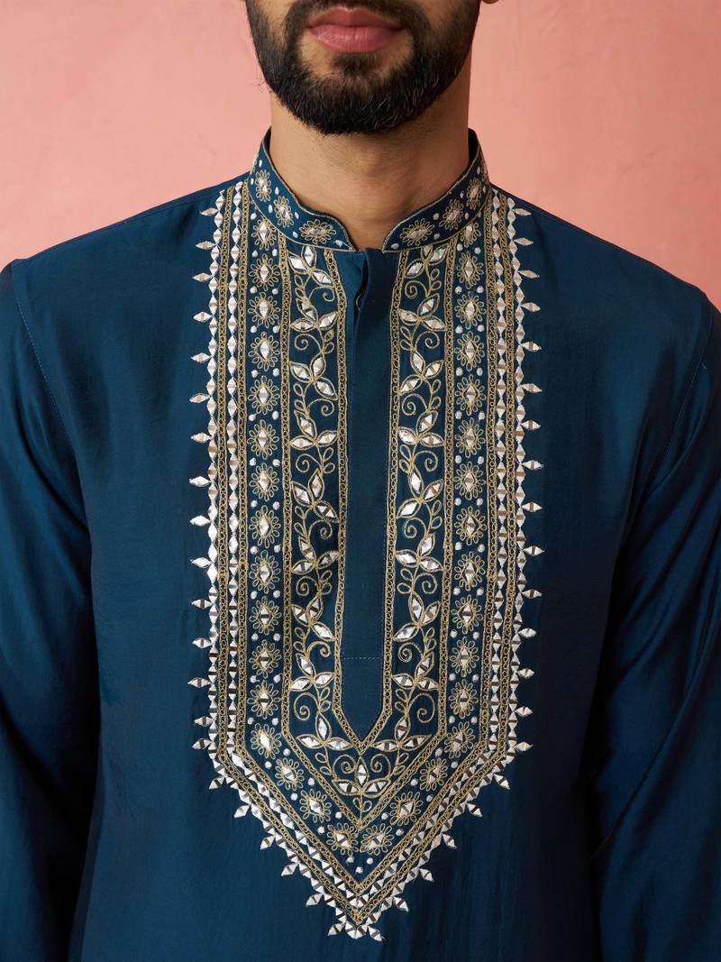 Turquoise Green Modal Chanderi Kurta - Wedding Embroidered Ethnic Wear