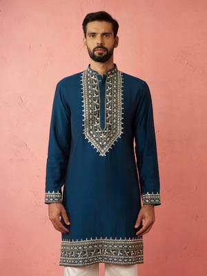 Turquoise Green Modal Chanderi Kurta - Wedding Embroidered Ethnic Wear 3