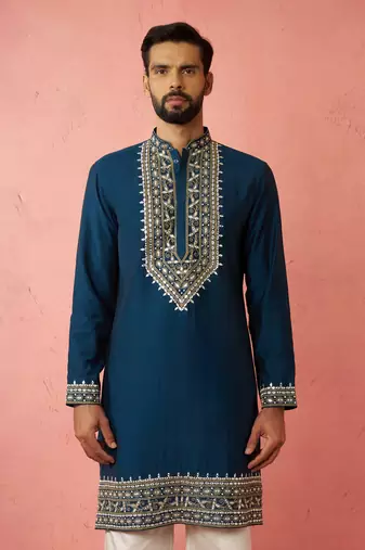 Turquoise Green Modal Chanderi Kurta - Wedding Embroidered Ethnic Wear