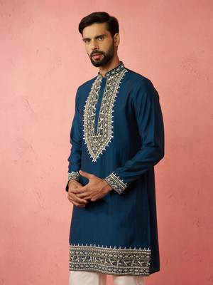 Turquoise Green Modal Chanderi Kurta - Wedding Embroidered Ethnic Wear 4