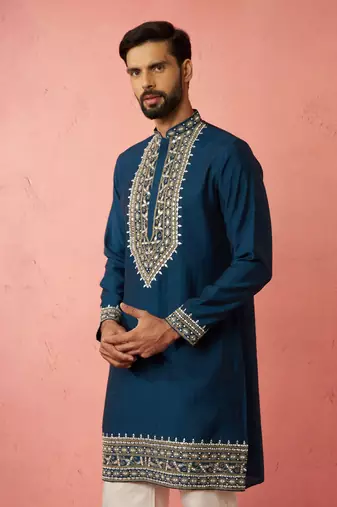 Turquoise Green Modal Chanderi Kurta - Wedding Embroidered Ethnic Wear