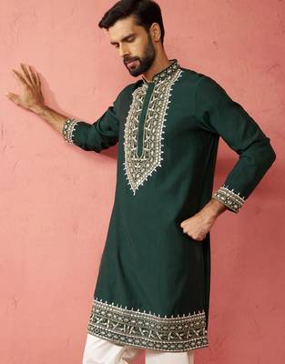 bottle green modal chanderi kurta - wedding embroidered ethnic wear 1