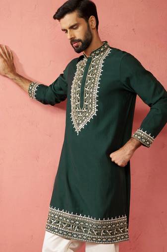 bottle green modal chanderi kurta - wedding embroidered ethnic wear