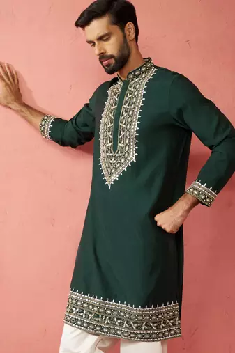 bottle green modal chanderi kurta - wedding embroidered ethnic wear