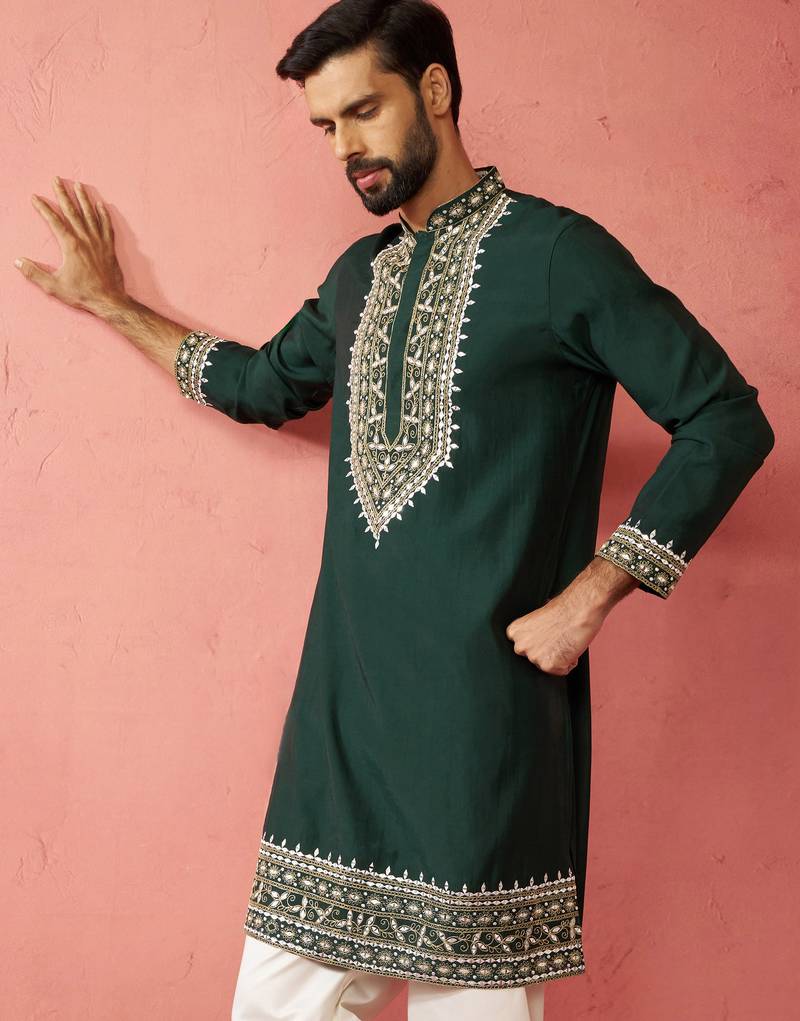bottle green modal chanderi kurta - wedding embroidered ethnic wear