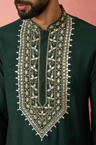 bottle green modal chanderi kurta - wedding embroidered ethnic wear