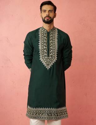 bottle green modal chanderi kurta - wedding embroidered ethnic wear 3