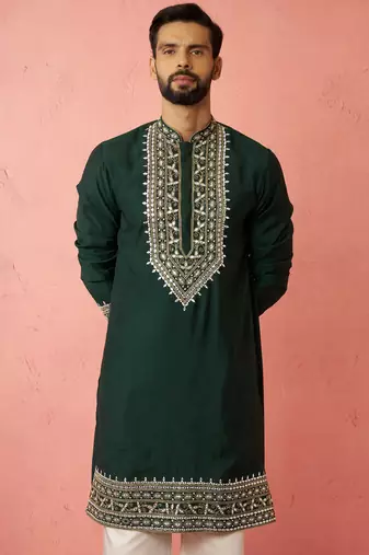 bottle green modal chanderi kurta - wedding embroidered ethnic wear