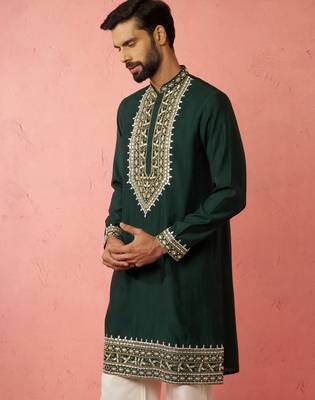 bottle green modal chanderi kurta - wedding embroidered ethnic wear 4