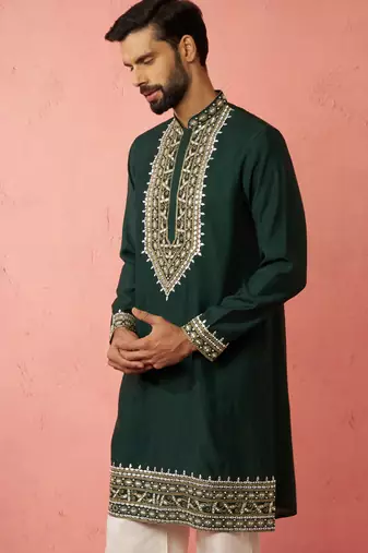bottle green modal chanderi kurta - wedding embroidered ethnic wear