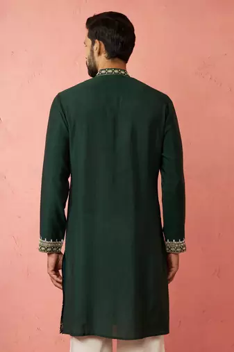 bottle green modal chanderi kurta - wedding embroidered ethnic wear
