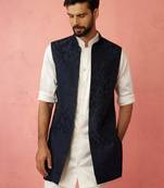 navy blue maharaja jacquard nehru jacket - wedding party ethnic wear