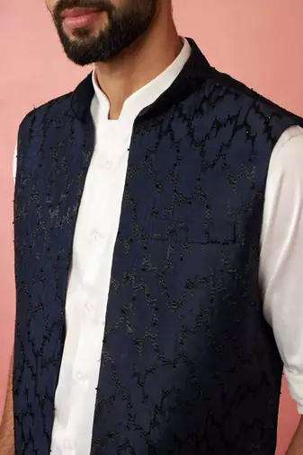 navy blue maharaja jacquard nehru jacket - wedding party ethnic wear