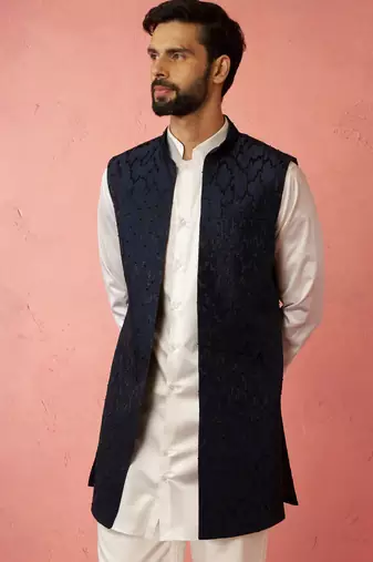 navy blue maharaja jacquard nehru jacket - wedding party ethnic wear