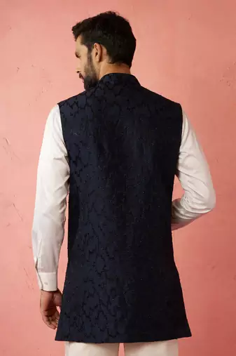 navy blue maharaja jacquard nehru jacket - wedding party ethnic wear