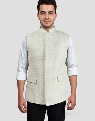 cream kia silk embroidered nehru jacket - wedding party ethnic wear 1