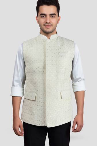 cream kia silk embroidered nehru jacket - wedding party ethnic wear
