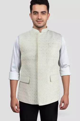 cream kia silk embroidered nehru jacket - wedding party ethnic wear