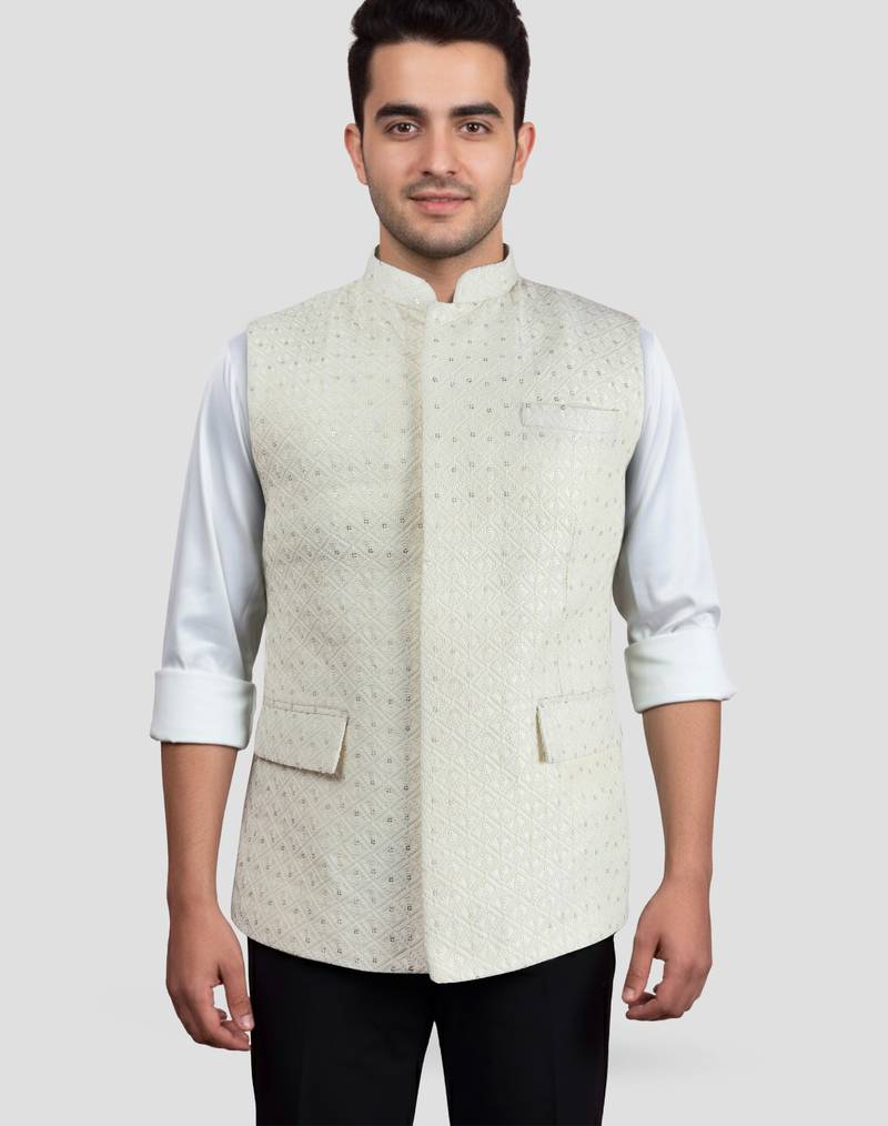 cream kia silk embroidered nehru jacket - wedding party ethnic wear
