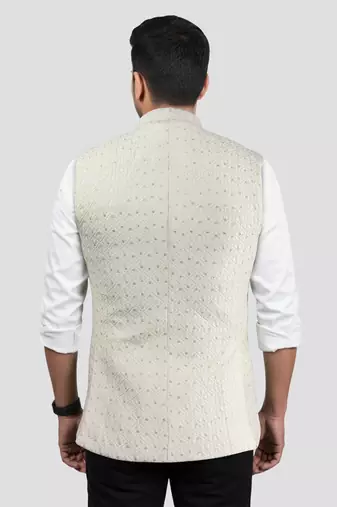 cream kia silk embroidered nehru jacket - wedding party ethnic wear