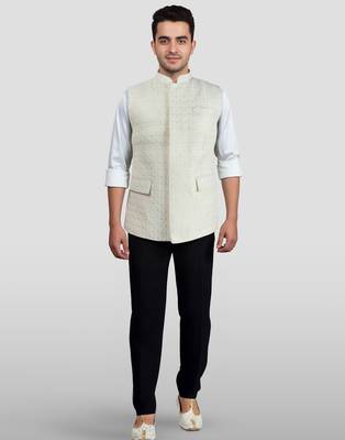 cream kia silk embroidered nehru jacket - wedding party ethnic wear 3
