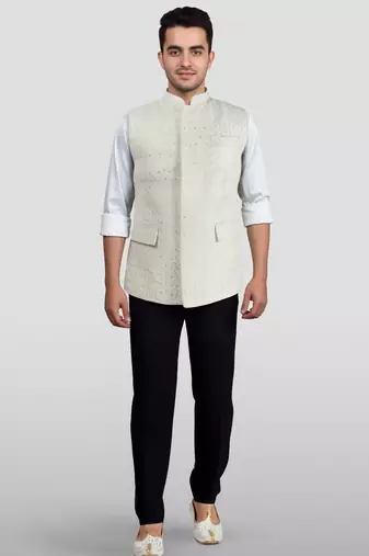 cream kia silk embroidered nehru jacket - wedding party ethnic wear