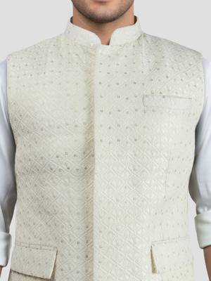 cream kia silk embroidered nehru jacket - wedding party ethnic wear 4