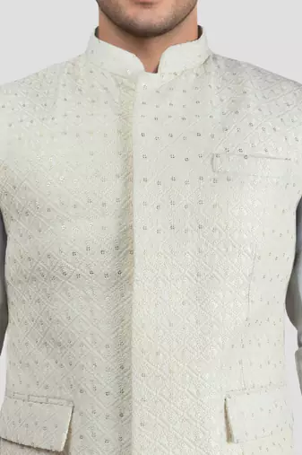 cream kia silk embroidered nehru jacket - wedding party ethnic wear