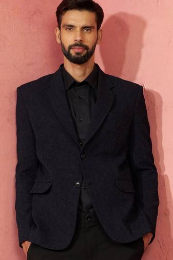 navy blue bafta embossed blazer - wedding party formal ethnic wear