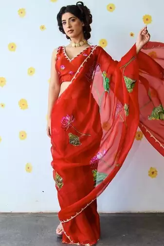 SOFT TABI ORGANZA FLOWER PRINTED WOMEN'S SAREE WITH BLOUSE SET
