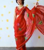 SOFT TABI ORGANZA FLOWER PRINTED WOMEN'S SAREE WITH BLOUSE SET