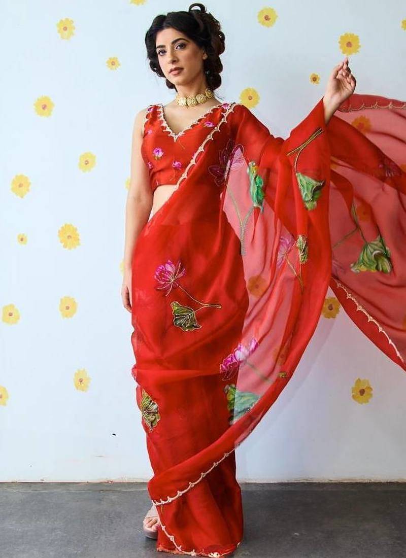 SOFT TABI ORGANZA FLOWER PRINTED WOMEN'S SAREE WITH BLOUSE SET