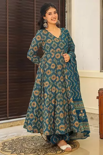 Aqua blue digital printed maslin anarkali palazzo style