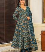 Aqua blue digital printed maslin  anarkali palazzo style