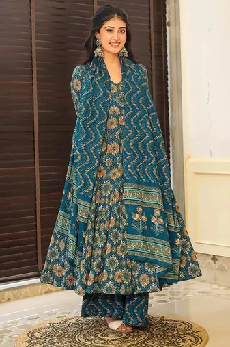 Aqua blue digital printed maslin  anarkali palazzo style