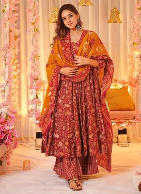 Maroon digital printed maslin anarkali palazzo style 1