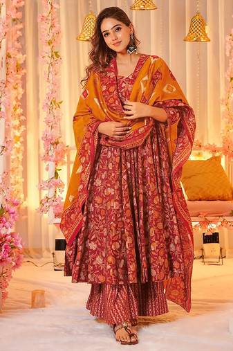 Maroon digital printed maslin anarkali palazzo style