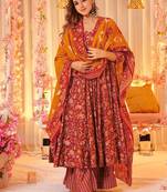 Maroon digital printed maslin anarkali palazzo style