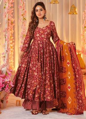 Maroon digital printed maslin anarkali palazzo style 2