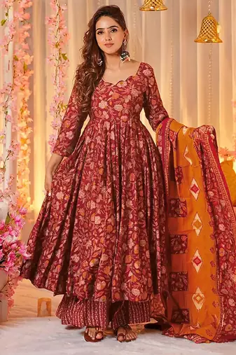 Maroon digital printed maslin anarkali palazzo style