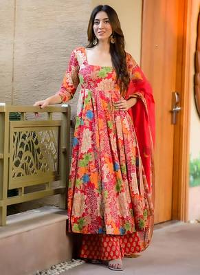 Pink digital printed maslin anarkali palazzo style 1
