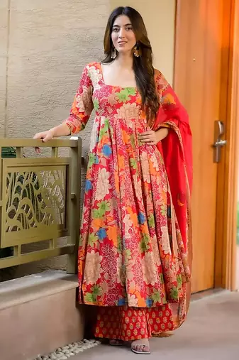 Pink digital printed maslin anarkali palazzo style