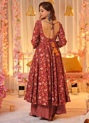 Maroon digital printed maslin anarkali palazzo style 3