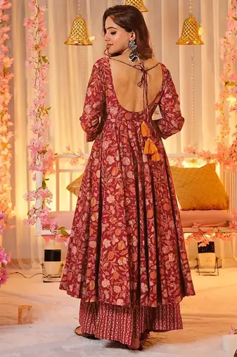 Maroon digital printed maslin anarkali palazzo style