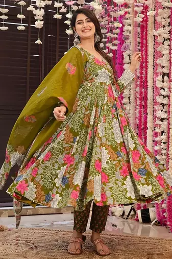 Green digital printed maslin anarkali palazzo style