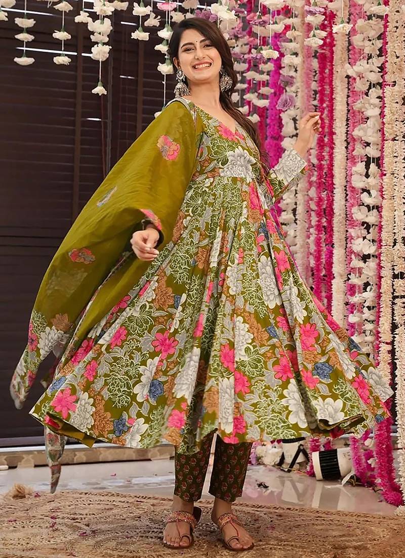Green digital printed maslin anarkali palazzo style