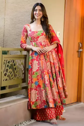 Pink digital printed maslin anarkali palazzo style